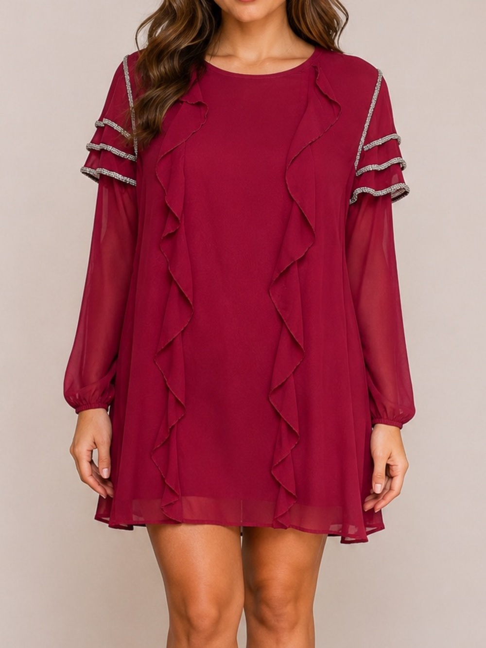Tularosa Bowie Mini Dress Burgundy Ruffle Sheer Rhinestone Sleeve Size S